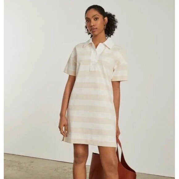 NWT Everlane The Organic Cotton Polo Dress Short Sleeve Beige Striped Size Small - Picture 1 of 14